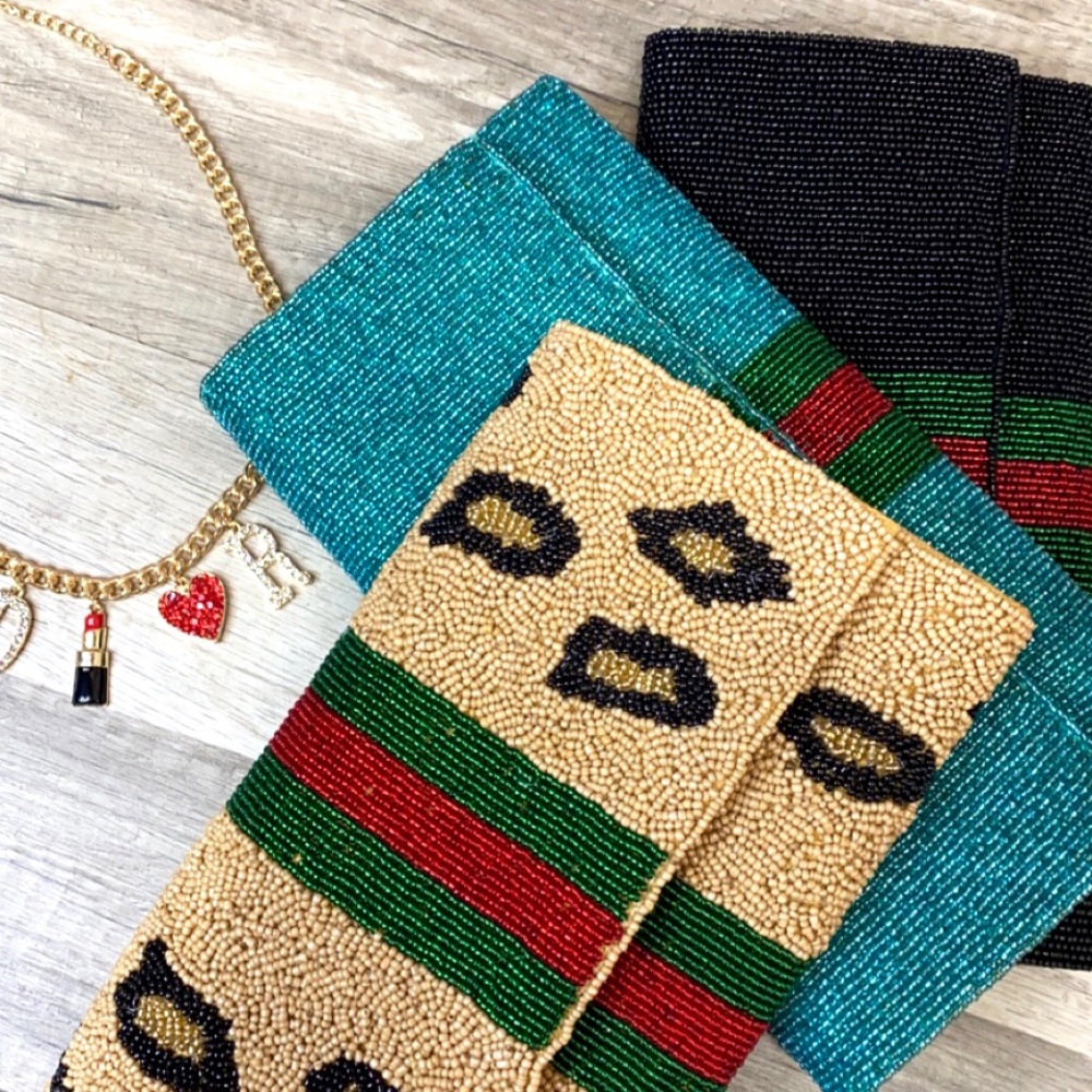 Black seed beaded color block clutch - Picture 3 of 4